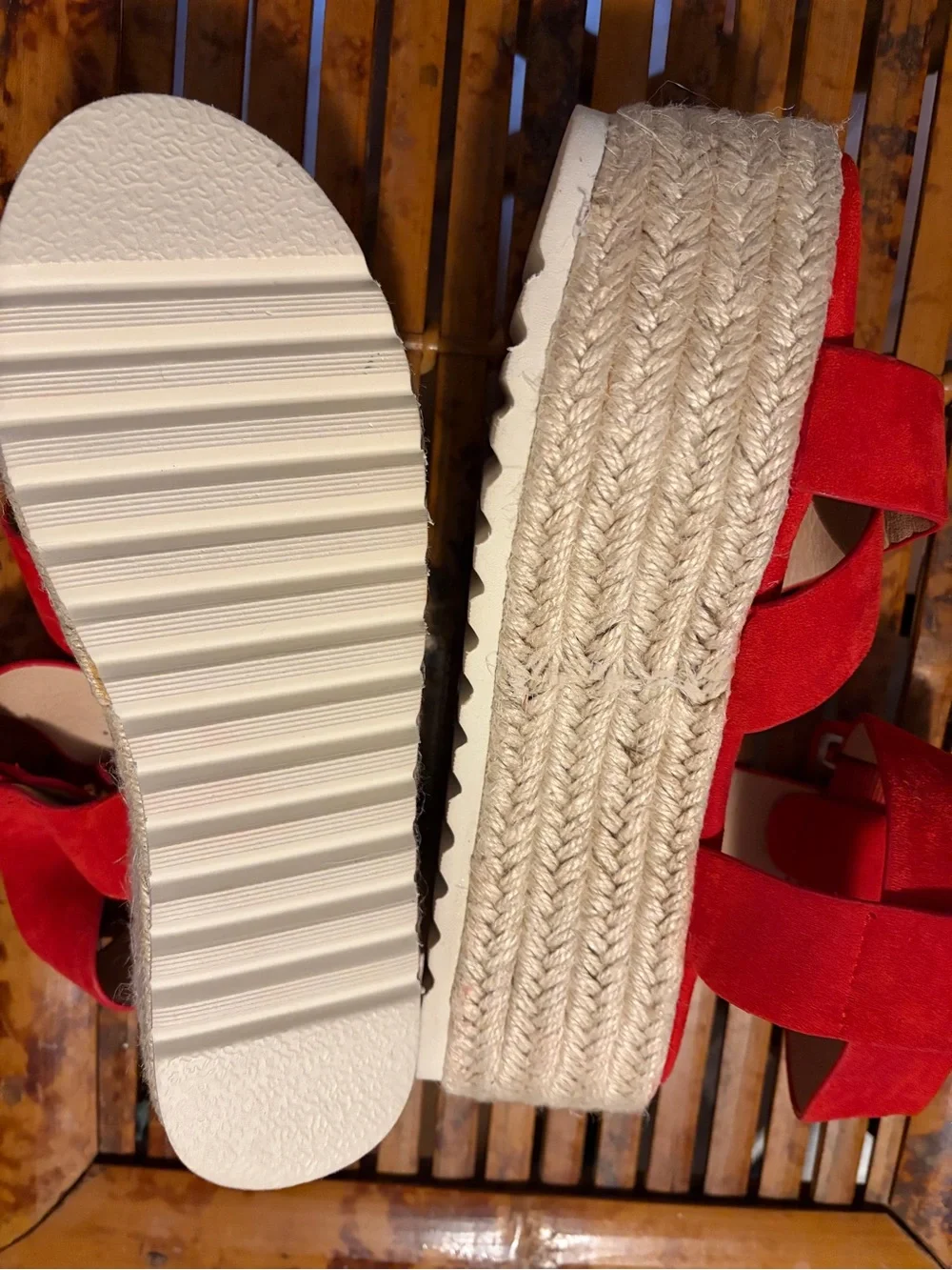 Red Platform Espadrille Sandals - Women's Suede Strappy Wedge